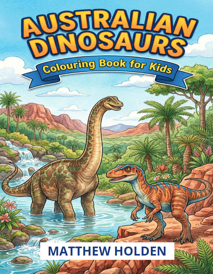 Australian Dinosaur Colouring Book for Kids by Atelion Studios cover illustration featuring Australian dinosaurs in a prehistoric Australian landscape. Colouring and drawing book for children ages 7-10.
