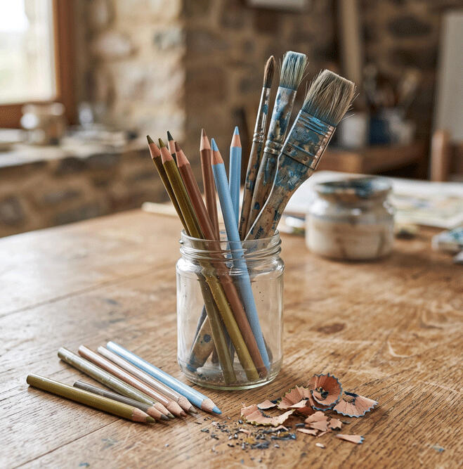 Atelion Studios colored pencils for Aviation and Dinosaur and aviation art Coloured pencils in a glass jar on a wooden workshop table, representing the drawing and coloring appeal, relaxation and creativity behind Atelion Studios coloring books.