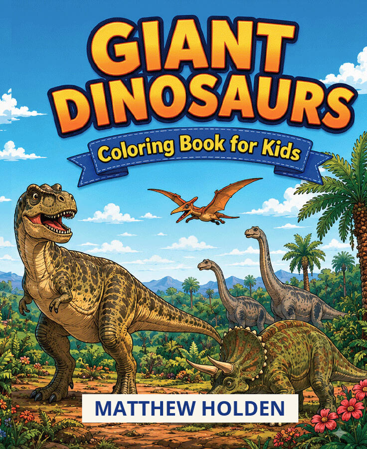 Giant Dinosaurs Coloring Book for Kids by Atelion Studios. cover illustration showing T-Rex, Brachiosaurus, and Triceratops in a prehistoric landscape. Coloring activity book for children ages 7-10.